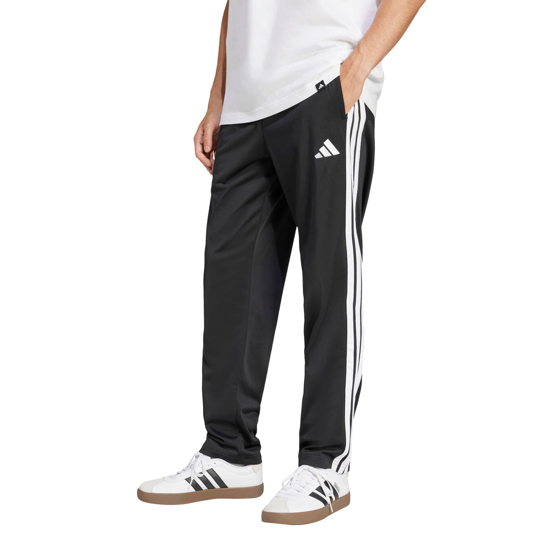 Black Adidas Pants with Three Stripes and Open Hem Bottoms