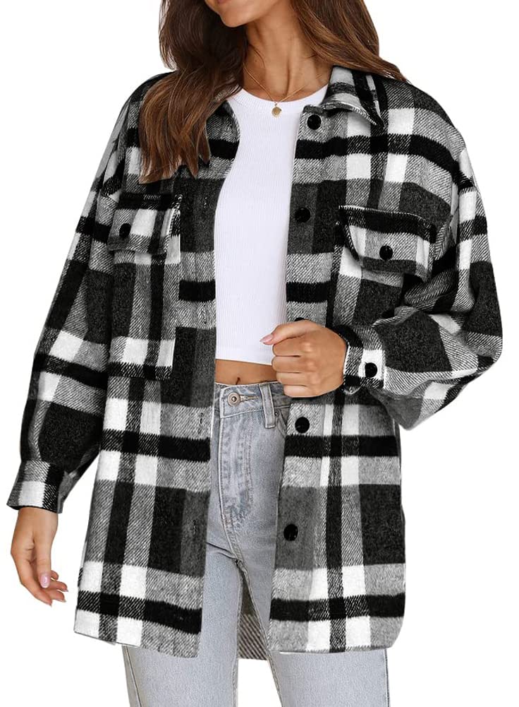 Beaully Women's Flannel Plaid Shacket Long Sleeve Button Down Shirts Jacket Coats with Side ...