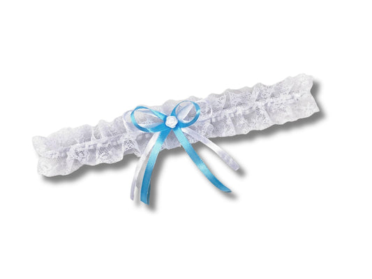 Elegant White and Blue Lace Bridal Garter with Rose and Bow Details