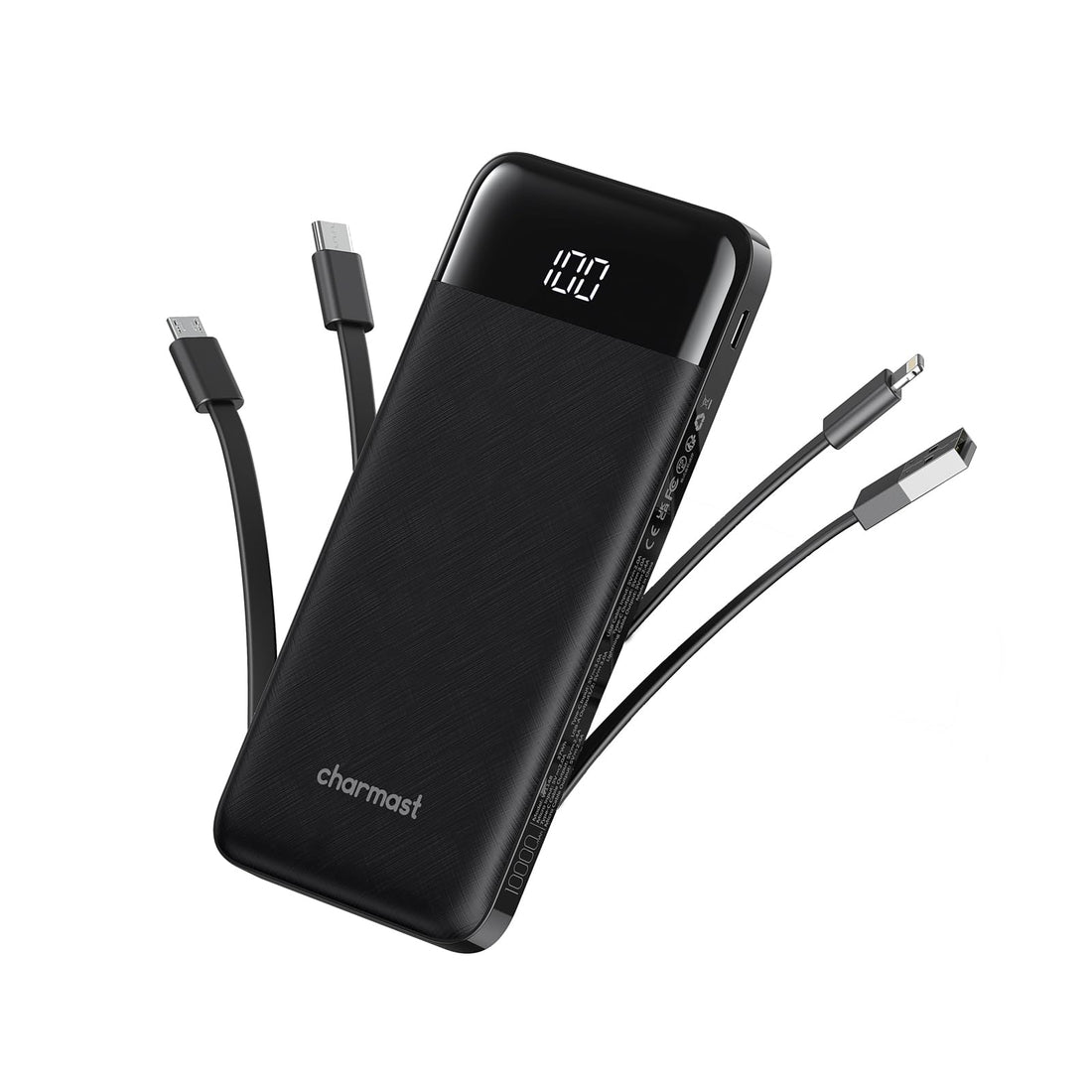 Compact 10000mAh Portable Charger with Built-in Cords and Wires