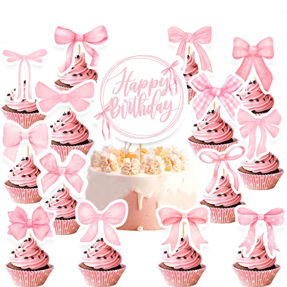 Pink Bows Cake Toppers for Birthday Party Decorations