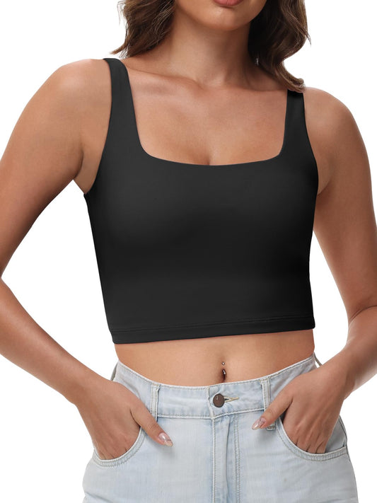 Women's Double Lined Square Neck Tank Tops Sleeveless Workout Fitness Casual Basic Crop Tops.