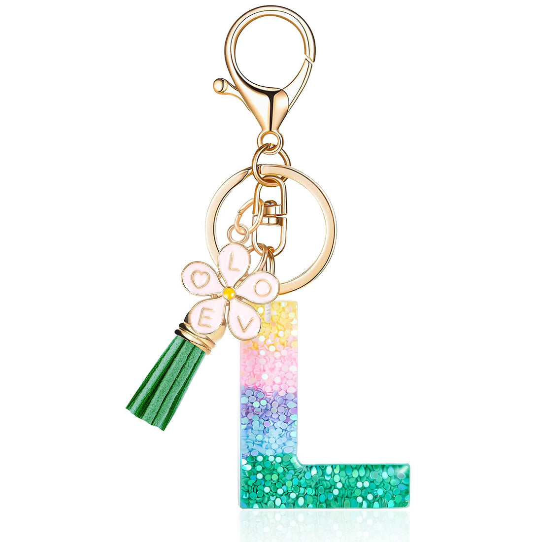 OKAICEN Pink Flower Pendant Letter 'L' Initial Keychain with Green Tassel for Women and Girls