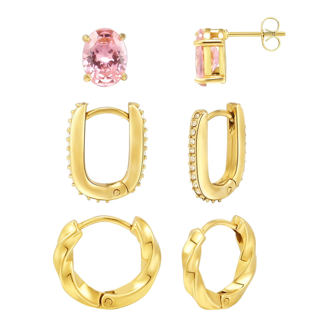 14K Gold Hoop Earrings Set for Women - 3 Pairs of Lightweight Huggie Clip-ons with Zircon Stones