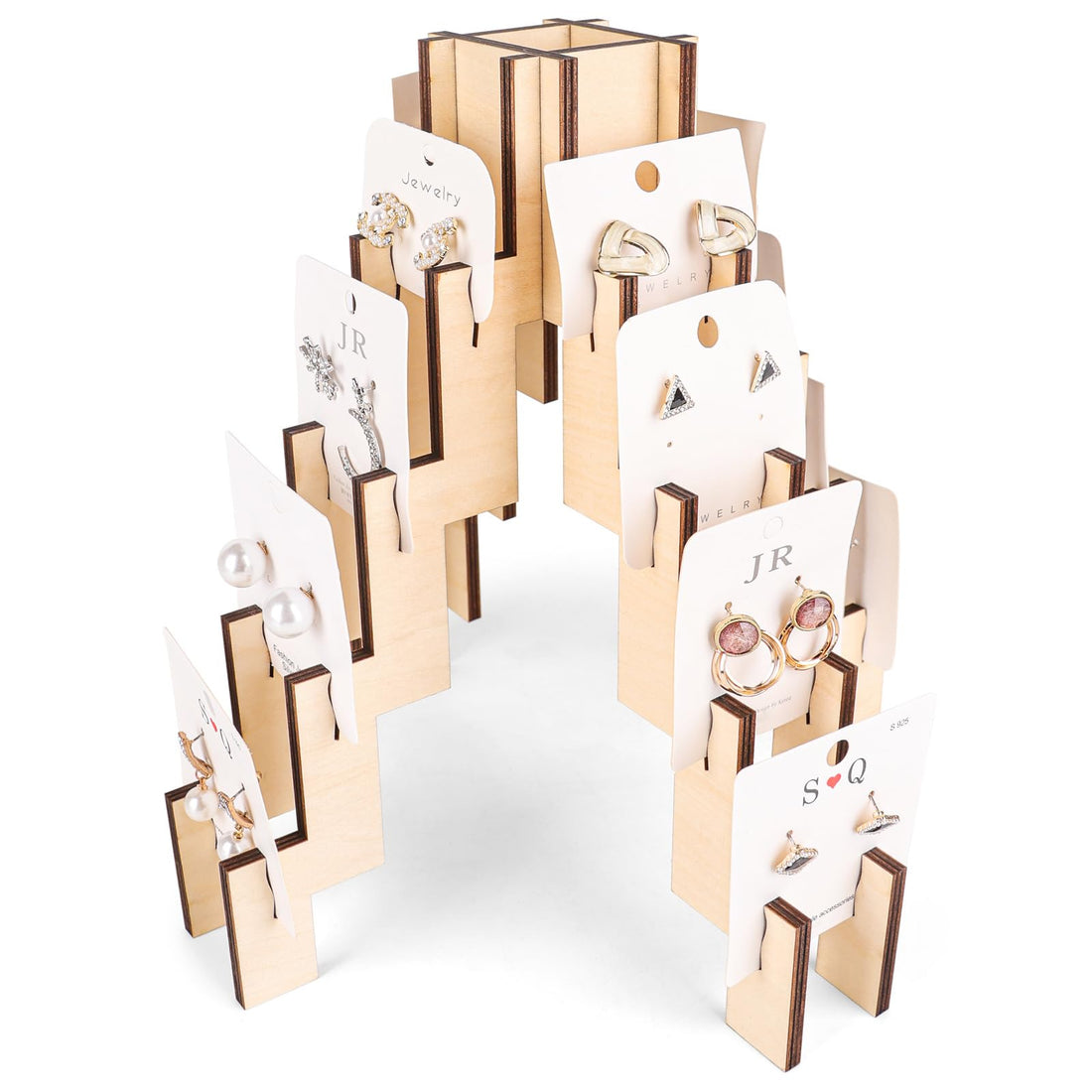 Wooden 4-Sided Jewelry Display Stand with 16 Slot Earring Rack Holder