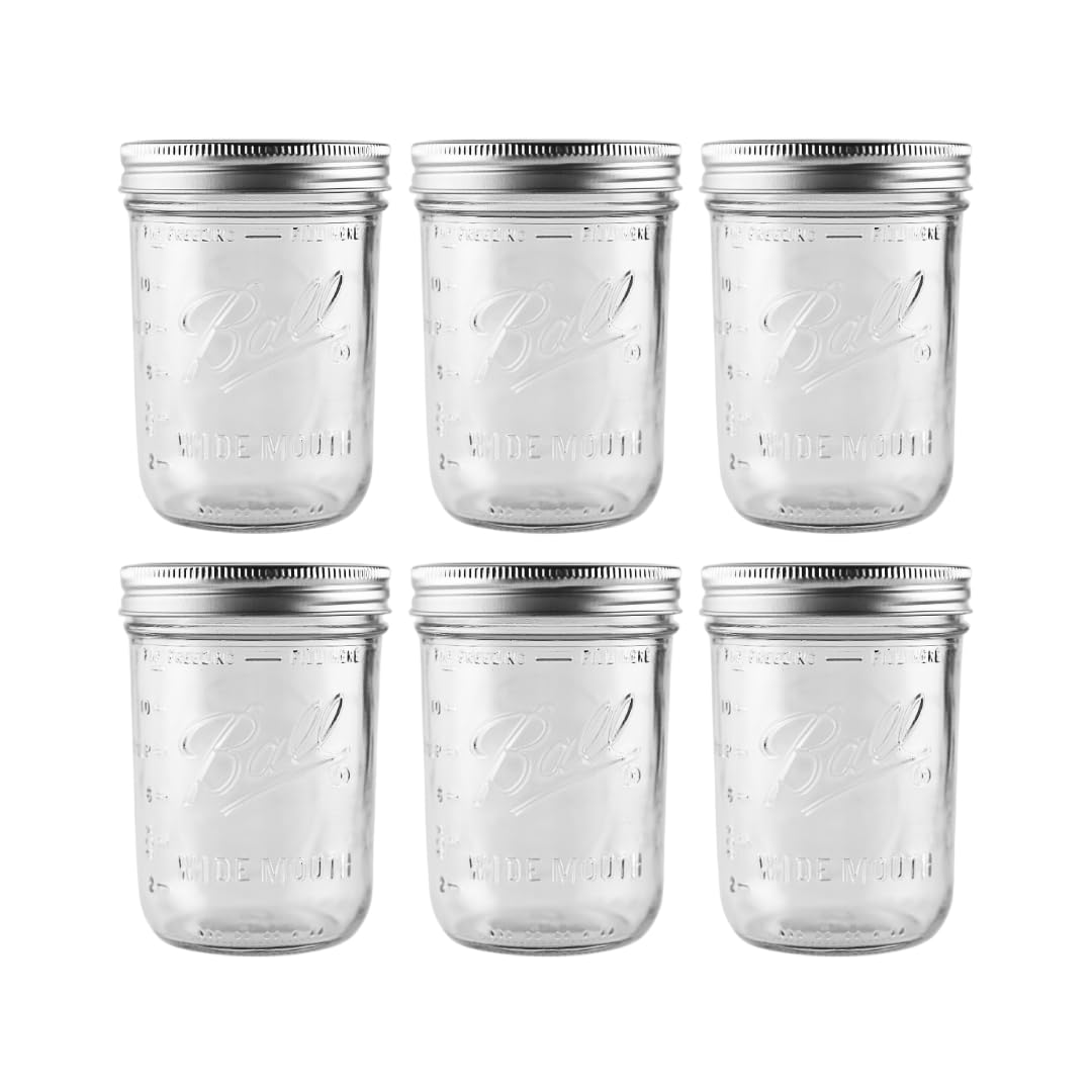 Ball 16 oz Wide Mouth Glass Mason Jars 6 Pack with Airtight Lids for Food Storage