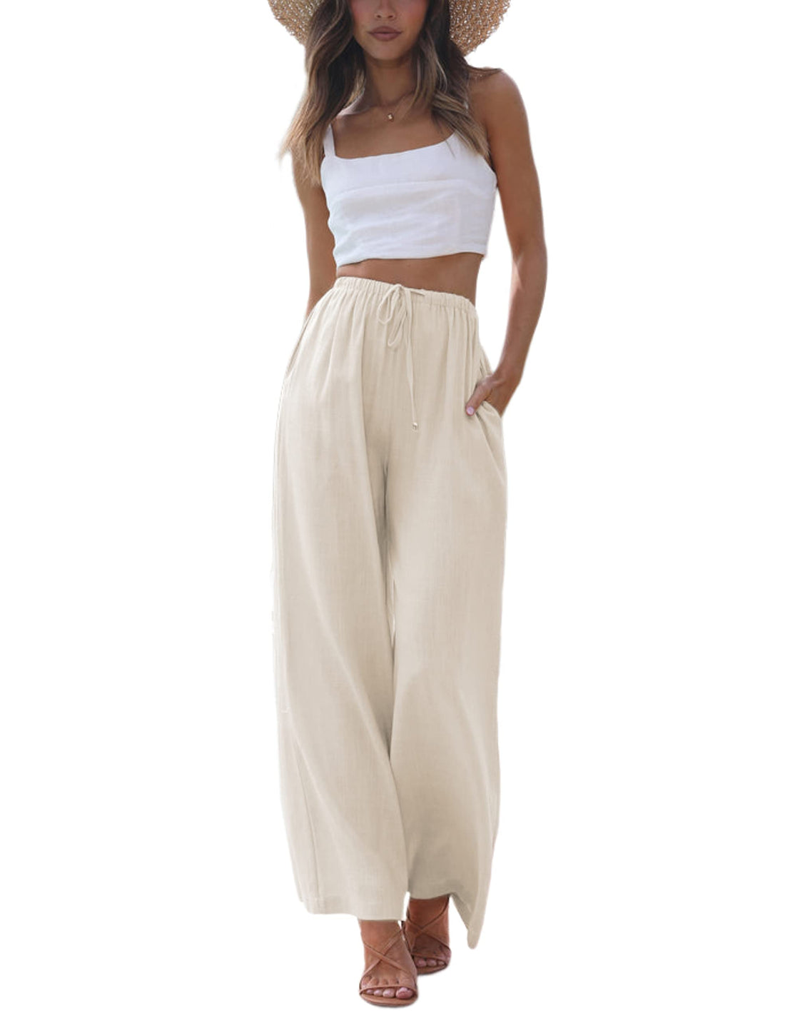 Elegant Flowy Linen Beach Pants with Pockets for Women.