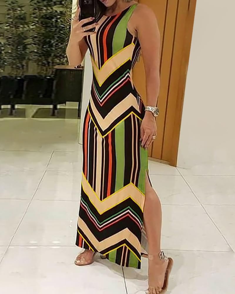 Elegant Beach Dress for Women: Multicolor Striped Maxi Dress Design.