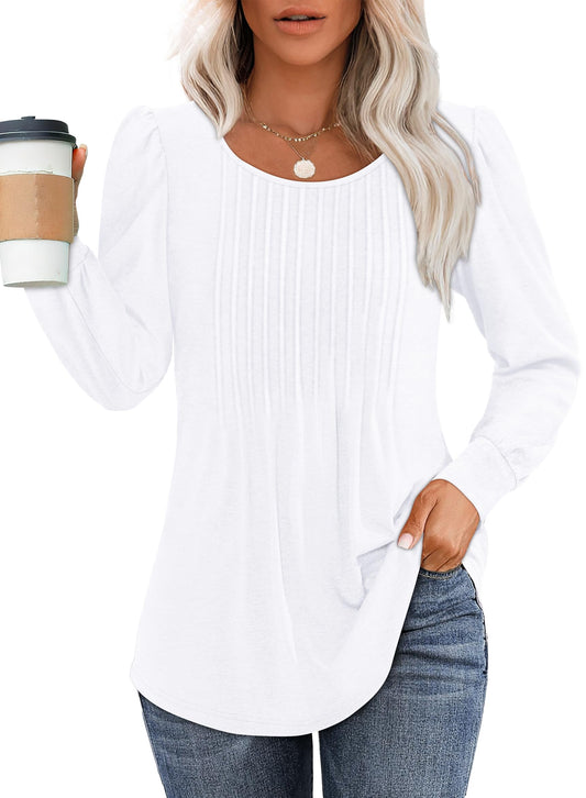 OFEEFAN Long Sleeve Shirts for Women Fall Tops Dressy Casual Blouses Pleated Scooped Neck Tunic Tops for ...