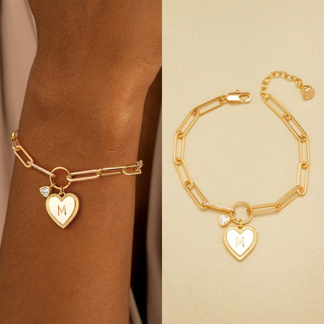 14K Gold Initial Heart Charm Letter W Bracelet