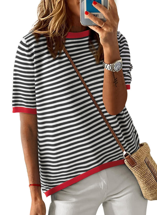 Dokotoo Womens Summer Tops Casual Crewneck Short Sleeve Striped Color Block Knitted High Low Trendy Pullover T Shirts ...