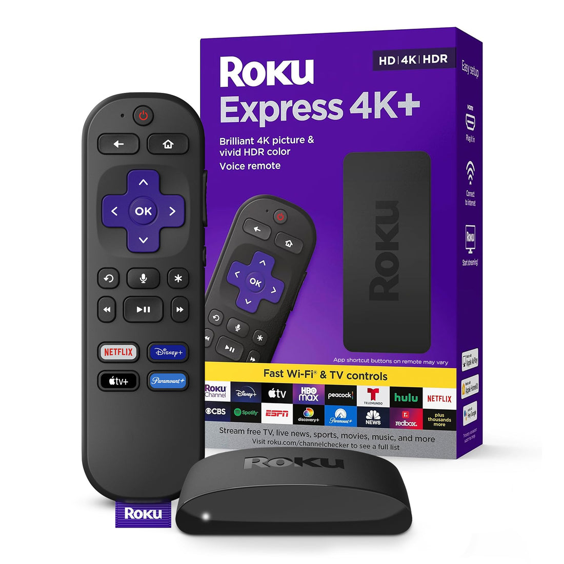 Roku Express 4K+ | Roku Streaming Device 4K/HDR, Roku Voice Remote, Free ⁘ Live TV.