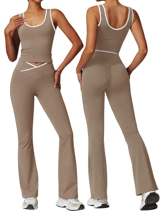 OLCHEE Women's 2-Piece Workout Set with Crossover Leggings and Crop Top