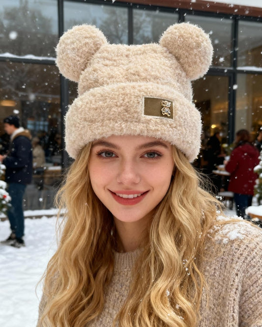 Knitted Plush Bear Ears Hat