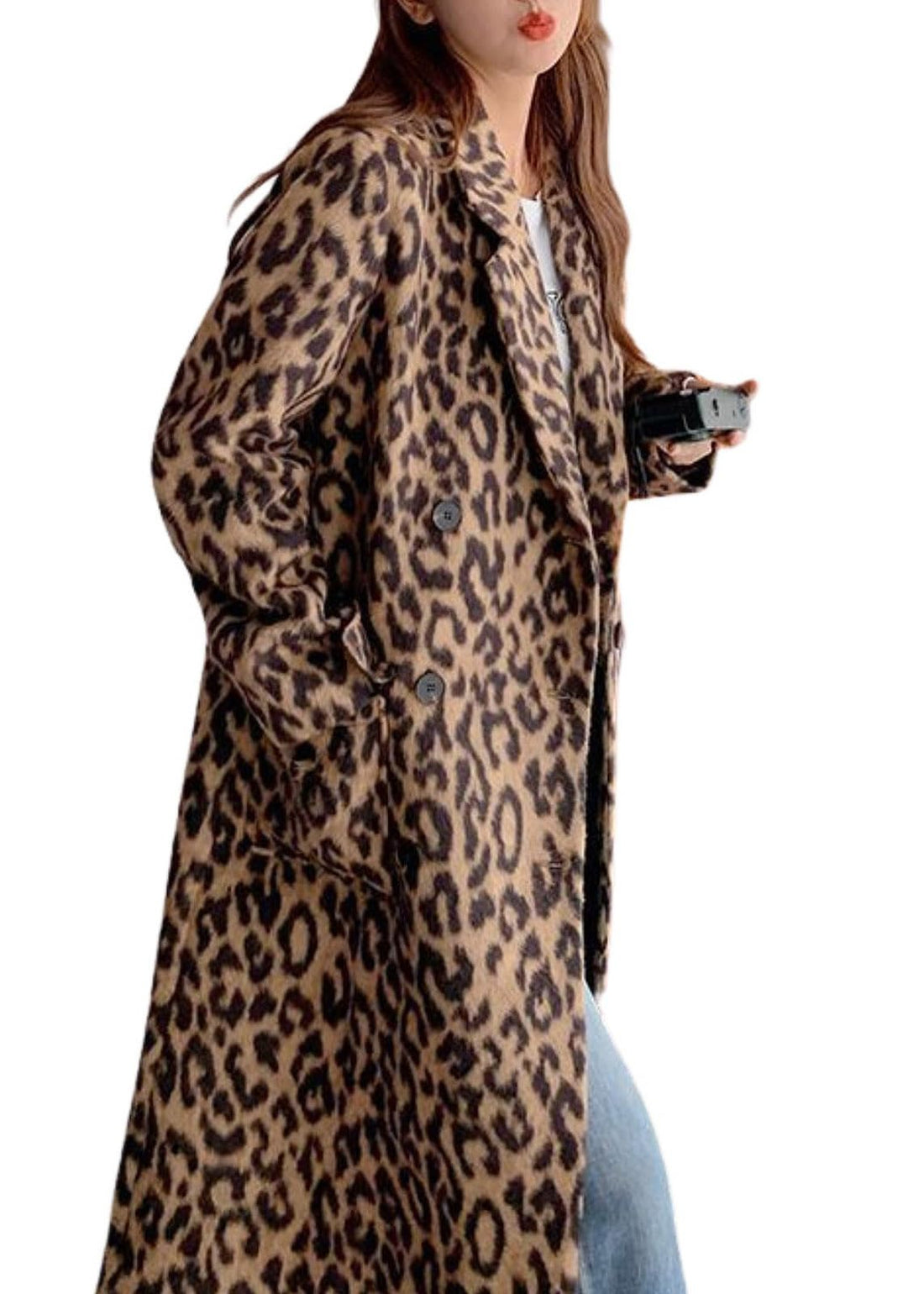 Womens Long Leopard Wool Trench Coats for Winter