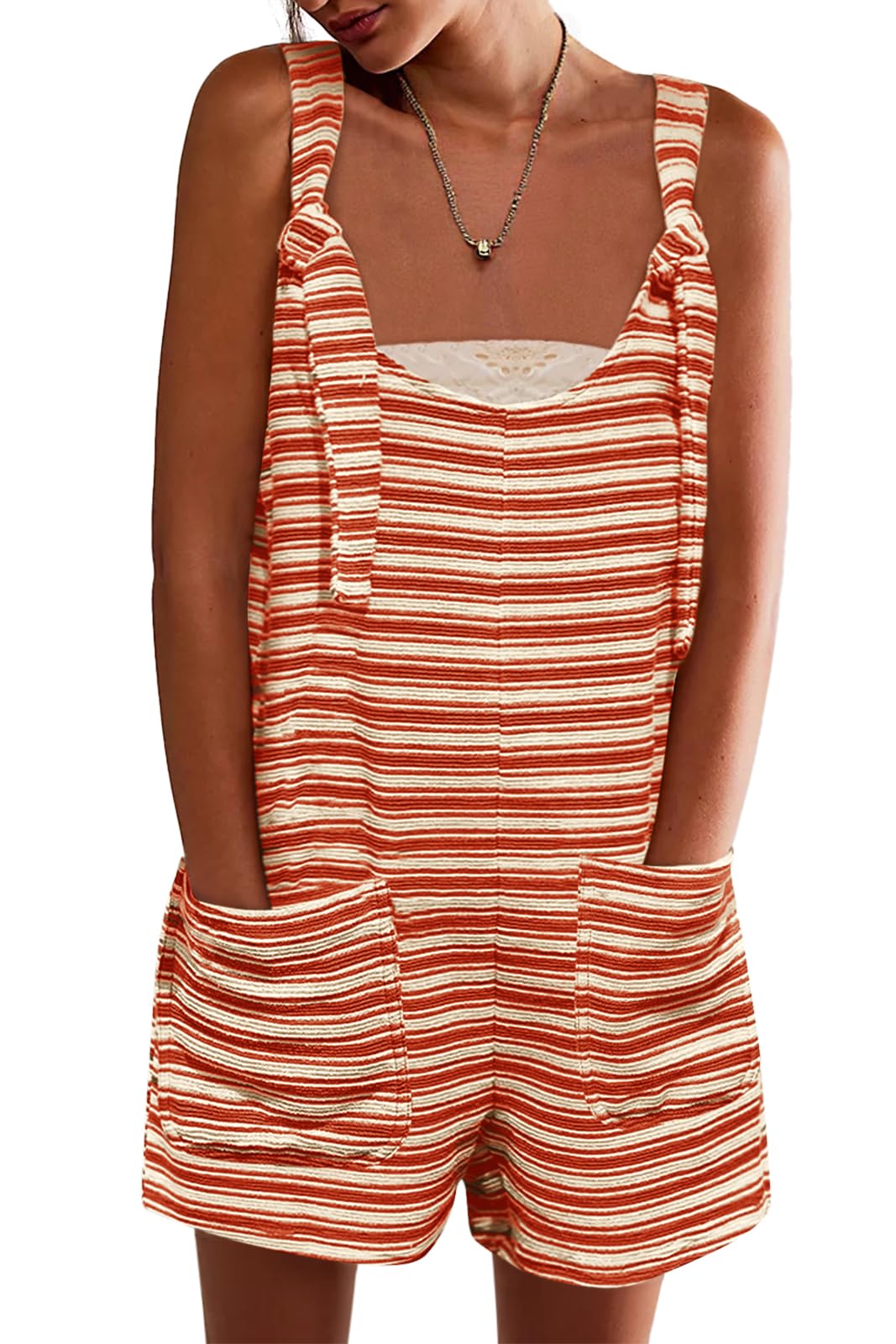 Women's Summer Sleeveless Striped Romper with Pockets