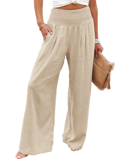 FQFGGYD Womens Linen Palazzo Pants Casual Wide Leg High Waist Long Lounge Pant 2024 Trendy Fall Beach Trousers with ...