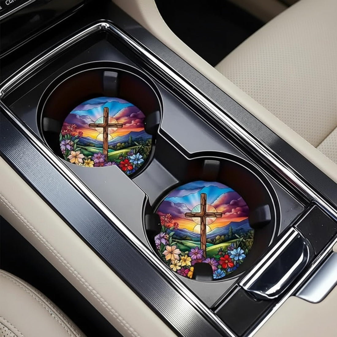 2pcs Floral Cross Car Coasters - 2.75 Inch Sunset ⁘ Cross Design, Durable Car Interior Accessories...