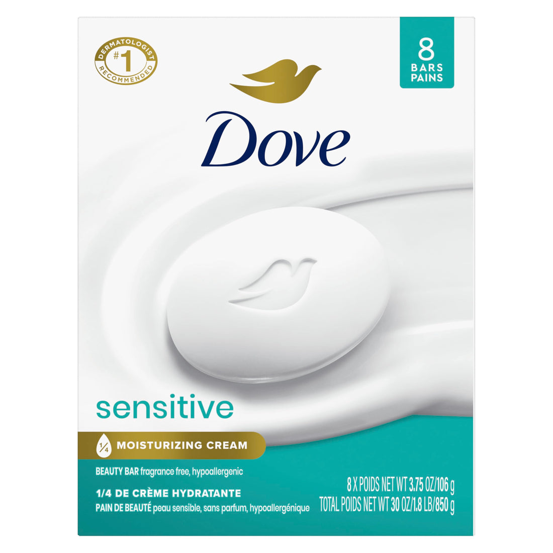 Dove Beauty Bar Soap Sensitive, 8 Bars for Sensitive Skin, Fragrance Free and Hypoallergenic 3.75 ...