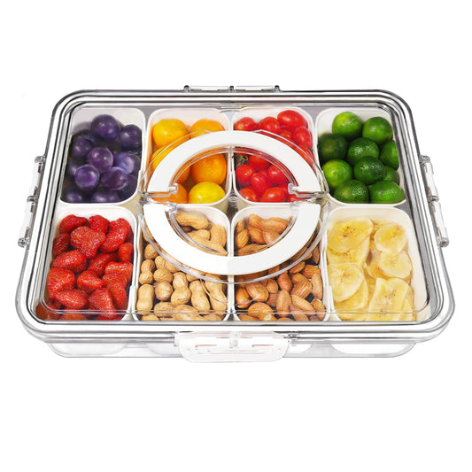 Divided Serving Tray with Lid and Handle, 8 Compartment Snackle Box Container, Travel Charcuterie Board with Lid for ...