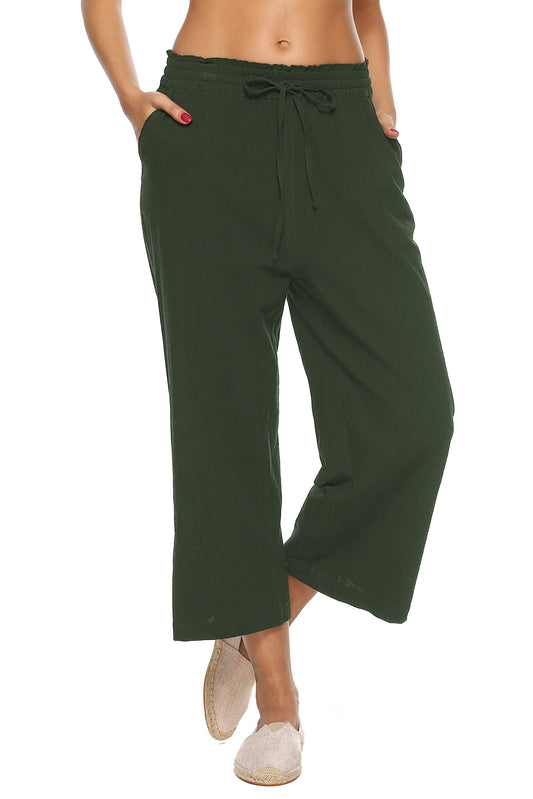 LNX Womens Linen Pants High Waisted Wide Leg Drawstring Casual Loose Trousers with Pockets.