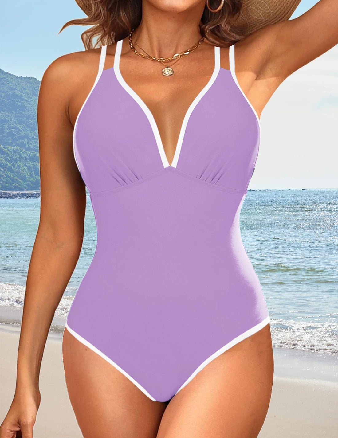 Lilac One Piece Swimsuit with Tummy Control and Push Up Flattering lilac swimsuit for women with ...