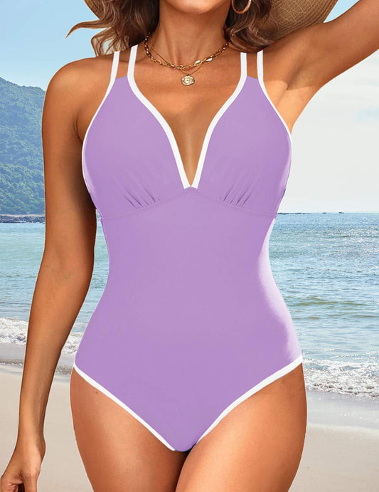 Lilac One Piece Swimsuit with Tummy Control and Push Up Flattering lilac swimsuit for women with ...