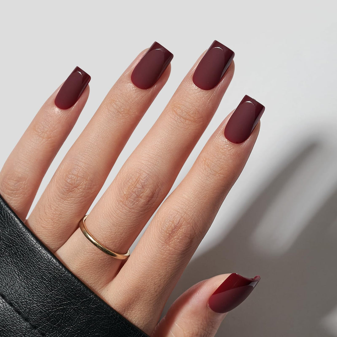 Matte Dark Red Nails with Glossy French Tips Square Glue-On Nails.