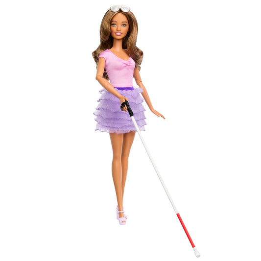 Barbie Fashionistas Doll #228, Blind Doll Wearing Pink Top and Ruffled Skirt with Cane and Sunglasses in Partnership ...