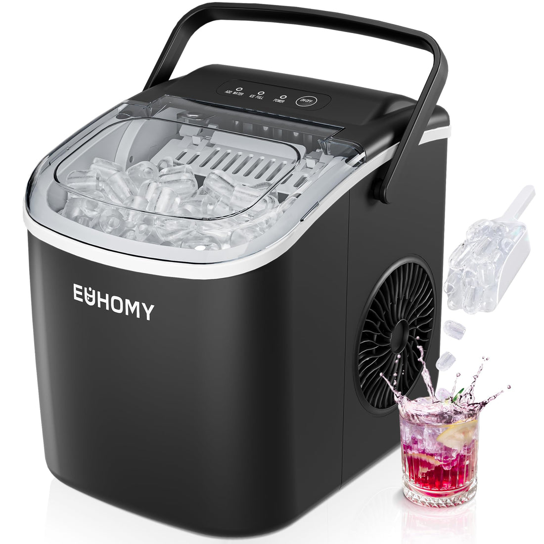 EUHOMY Countertop Ice Maker Machine with Handle, 26lbs in 24Hrs, 9 Ice Cubes Ready in 6 Mins, ...