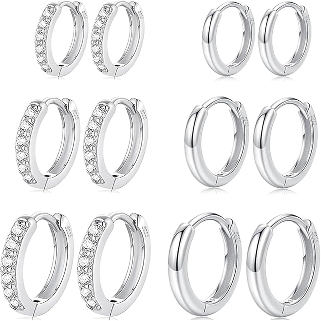 Sterling Silver Hoop Earrings with Cubic Zirconia and Hypoallergenic Features.