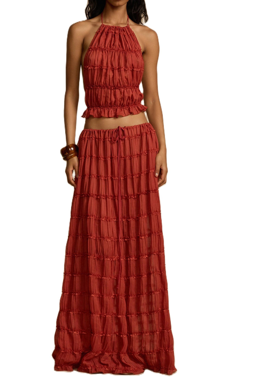 Y2K Maxi Skirt Set for Women: Backless Lace Halter Top and Pleated Flowy Skirt Beach Outfit