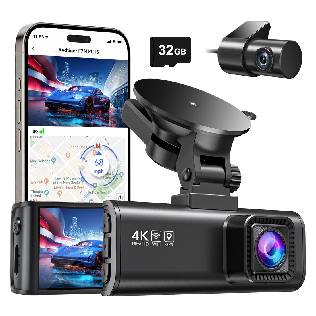 REDTIGER Dash Cam Front Rear, 4K/2.5K Full HD Dash Camera for Cars, Included 32GB Card, Built-in ...