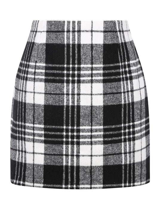 Womens High-Waisted Plaid Mini Pencil Skirt with Comfortable Wool Fabric