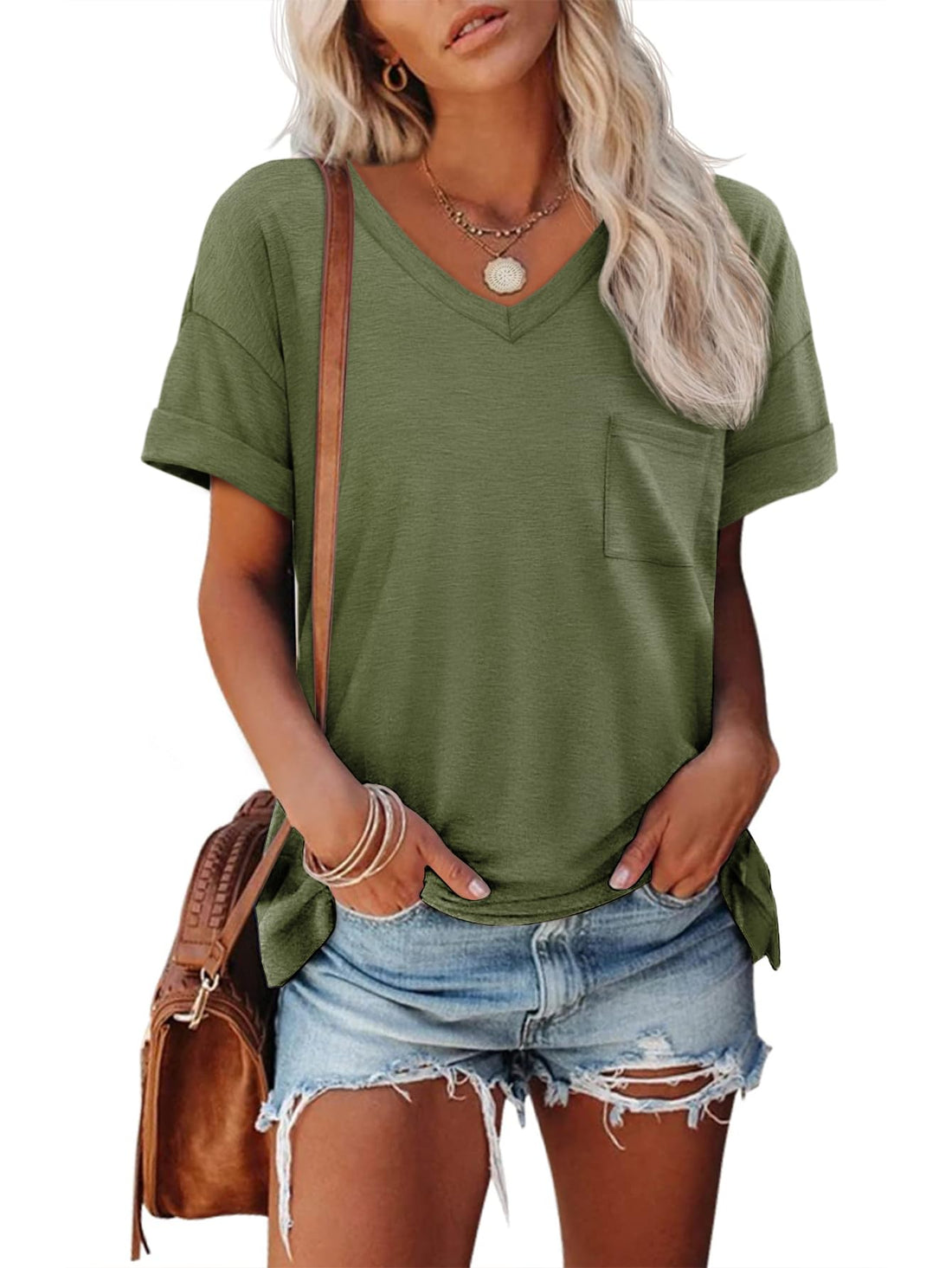 ATHMILE Womens T Shirts 2024 Short Sleeve V-Neck Shirts Cute Fit Summer Casual Tee Tops S-XXL.