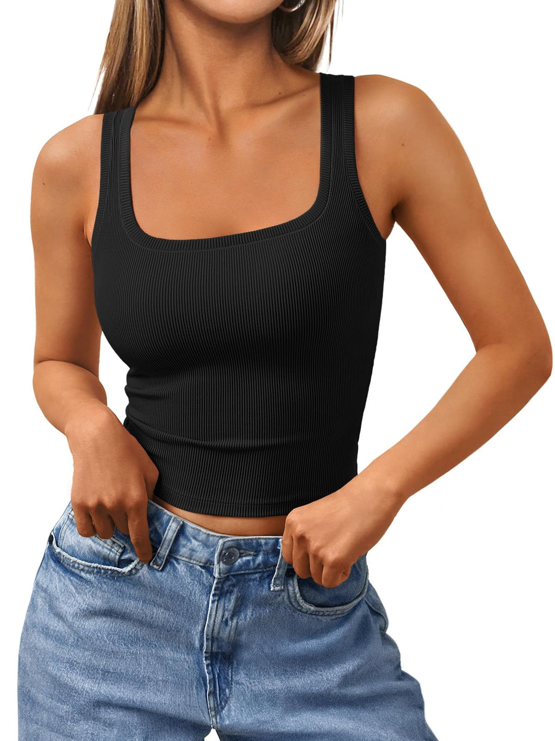 Women's Fashionable Cropped Ribbed Tank Top for Summer Workout Wear.