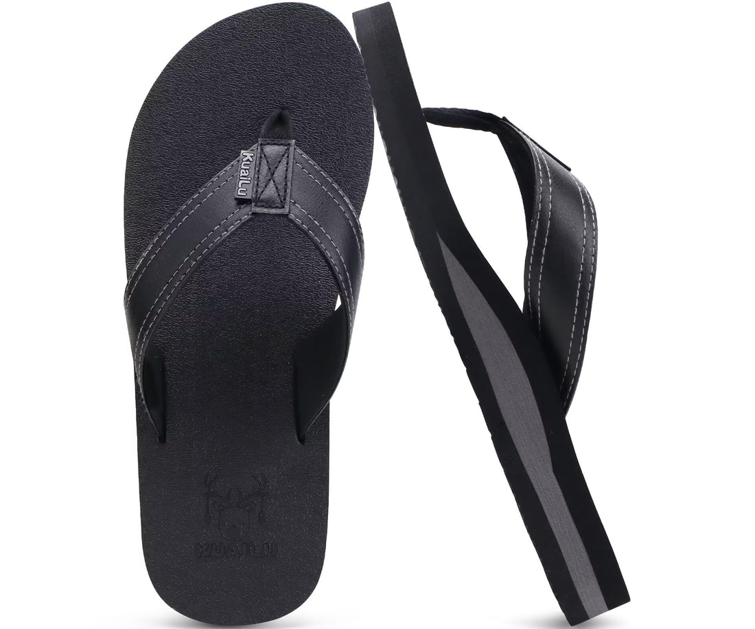 KuaiLu Men's Yoga Mat Leather Flip Flops Thong Sandals with Arch Support.