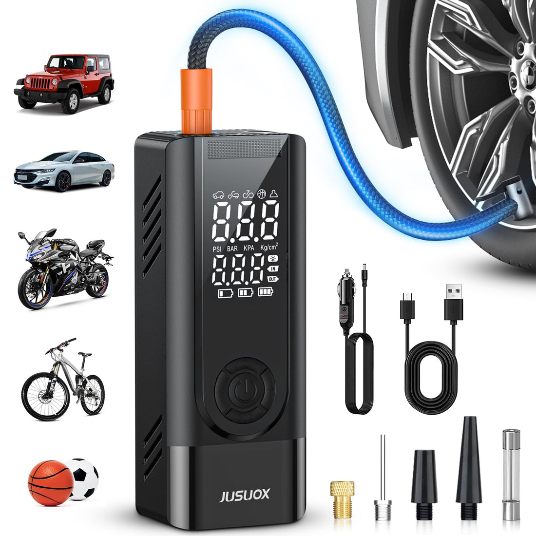 JUSUOX Tire Inflator Portable Air Compressor, 150PSI Cordless Air Pump for Car Tires, Battery ⁘ 12V DC Dual Power ...