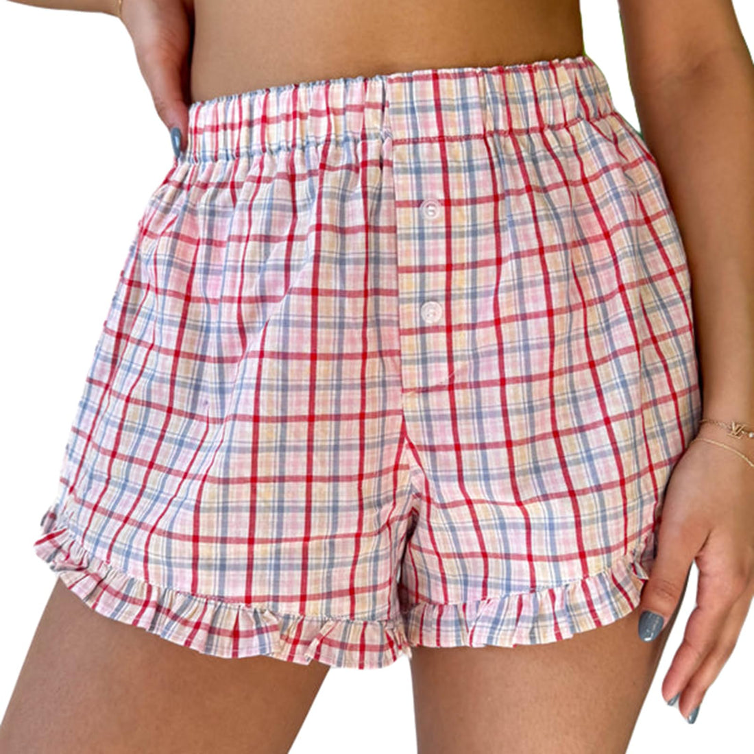 Women's Gingham and Striped Lounge Shorts with Ruffle Hem