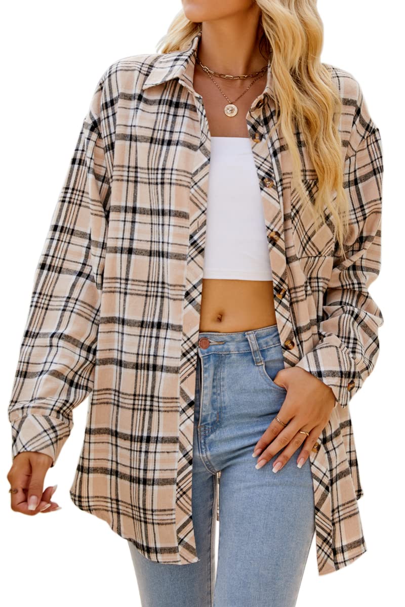 CHYRII Womens Button Down Flannel Shirts Long Sleeve Plaid Shackets Business Casual Blouse Top.