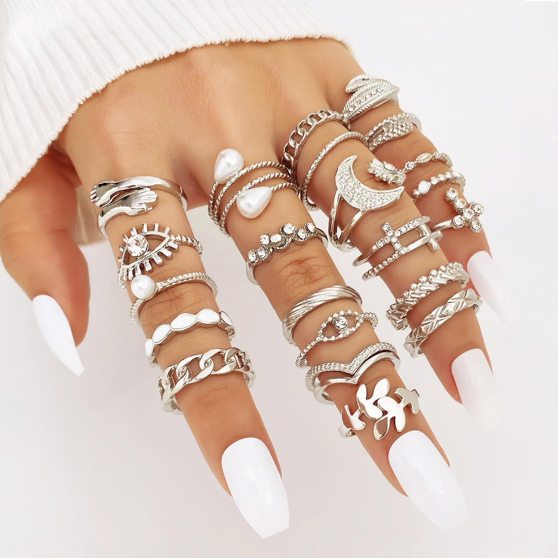 Geometric Bohemian Ring Set - 23 Piece Fashionable Silver Accessories