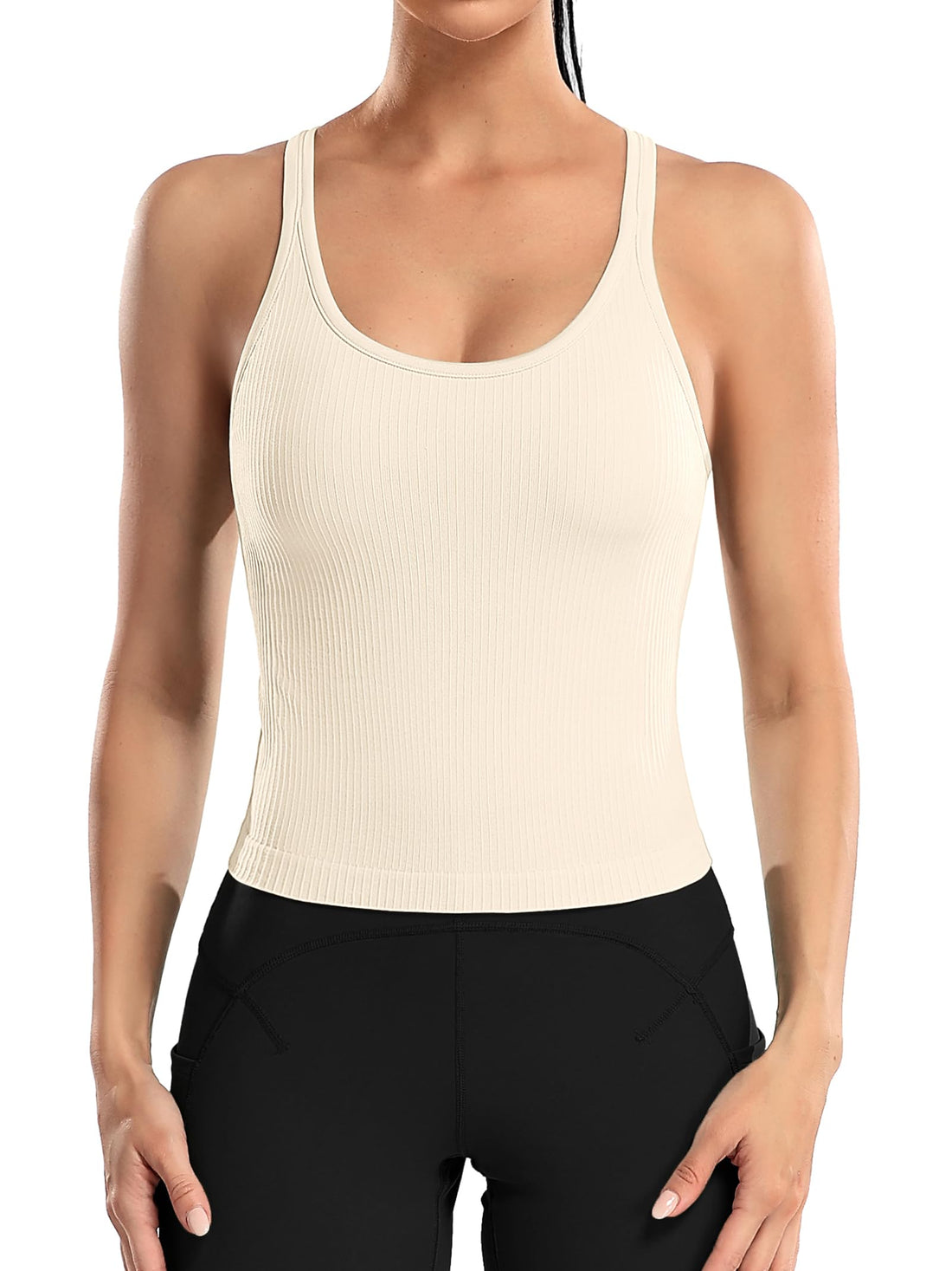 ATTRACO Women Ribbed Workout Crop Tops with Built in Bra Yoga Racerback Tank Top Tight Fit.