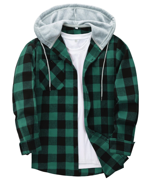 Warm and Stylish Men's Plaid Flannel Hoodie Button Down Shirt