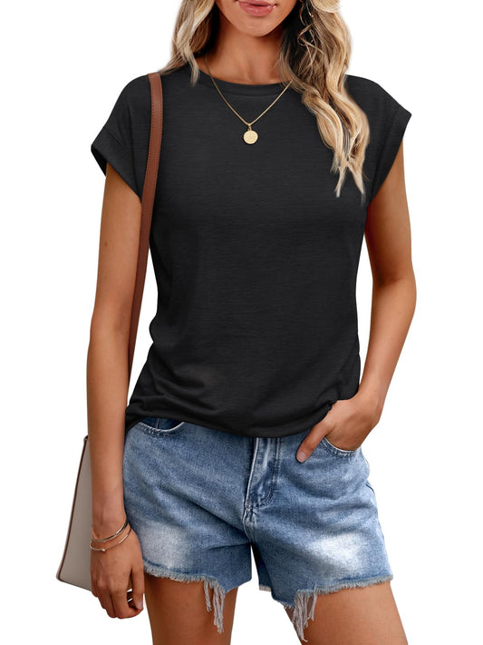 Women's Basic Summer Cap Sleeve Top Business Casual Loose Fit Tees.