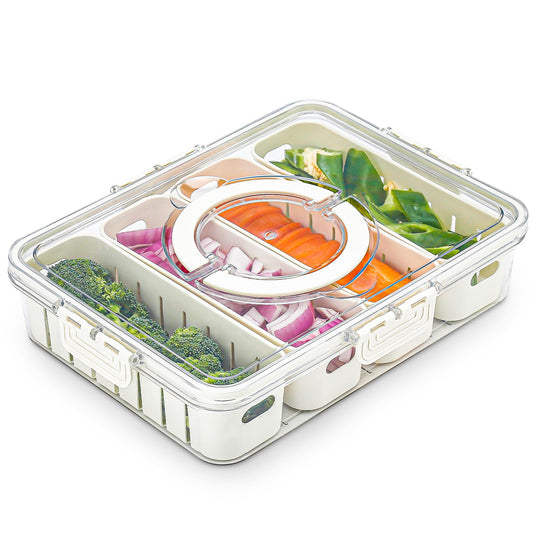 Divided Serving Tray Snack Platter Container with Lid ⁘ Handle, 4 Compartments Portable Food Fresh-Keeping Storage Box ...