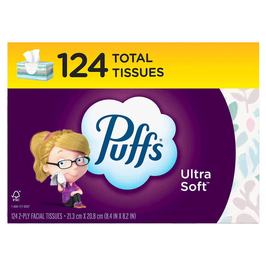 Puffs Ultra Soft Facial Tissues, 1 Family Size Box, 124 Facial Tissues Per Box.