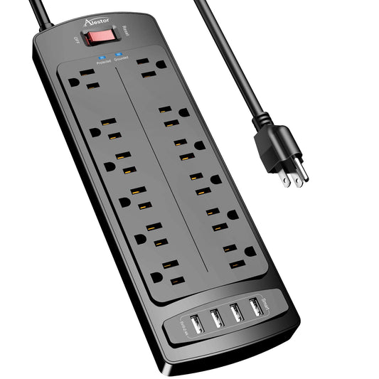 Power Strip, ALESTOR Surge Protector with 12 Outlets and 4 USB Ports, 6 Feet Extension Cord ...