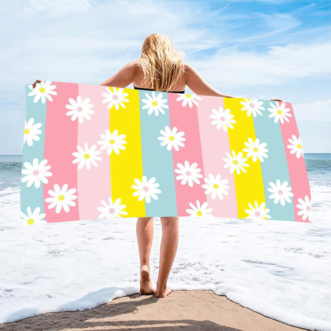 Beach Towel Description and Product Details Daisy print beach towel for pool and travel use.
