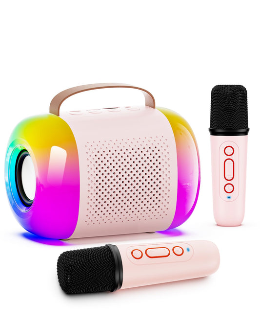 CuuKiee Mini Karaoke Machine for Kids and Adults, Portable Bluetooth Speaker with 2 Wireless Microphones and LED ...