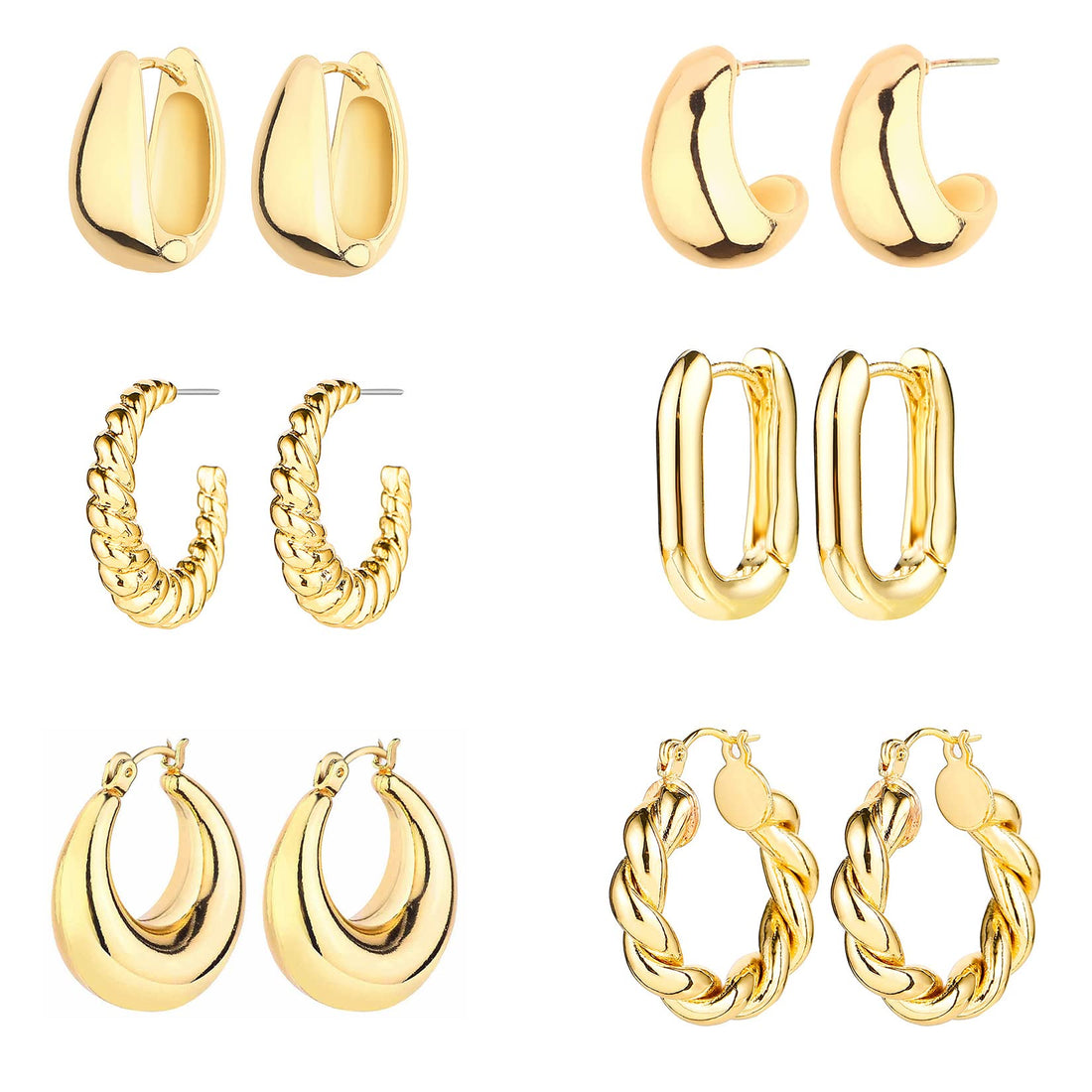 6 Pairs 14K Gold Hoop Earrings for Women Lightweight Chunky Hoop Earrings Multipack Hypoallergenic, Thick Open Twisted ...